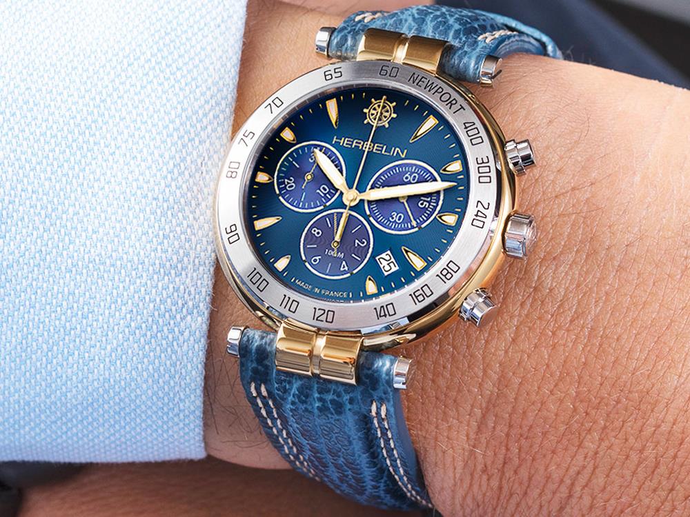 Reloj de Cuarzo Herbelin Newport, PVD Oro, Azul, 40 mm, Cronógrafo, 37654T35