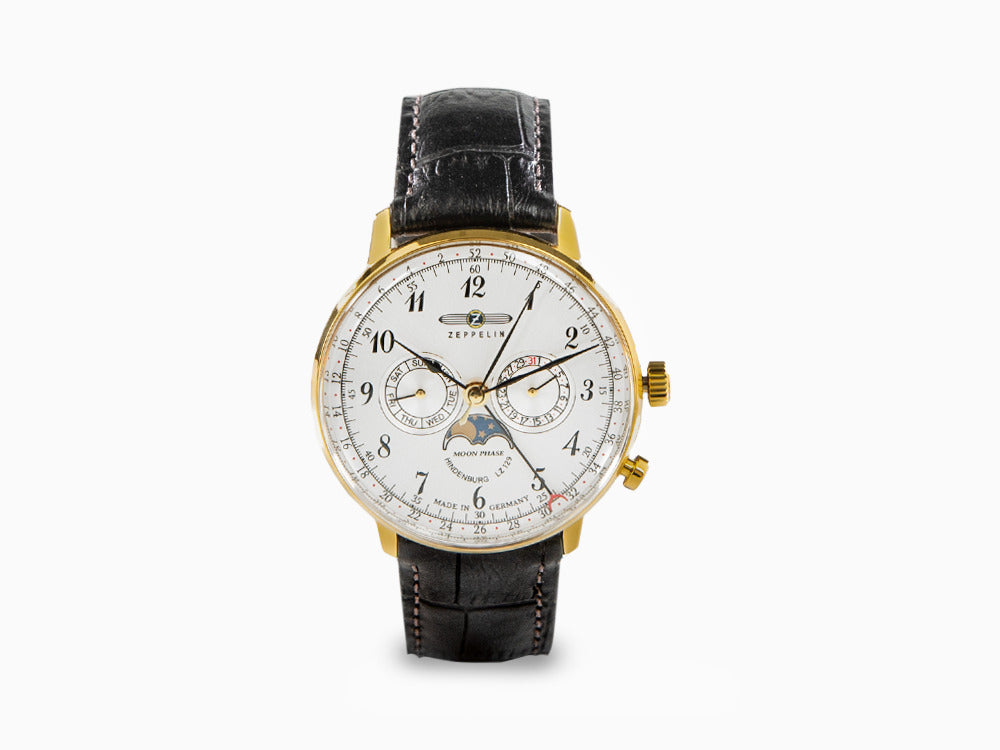 Reloj de Cuarzo Zeppelin LZ 129 Hindenburg Moonphase, PVD Oro, 40 mm, 7038-1