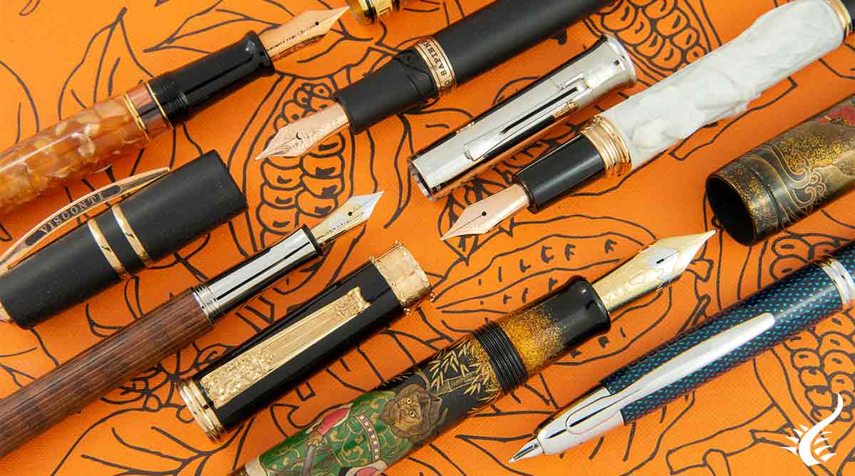 Plumas estilográficas de auroloide, madera, marmol, fibra de carbono y ebonita