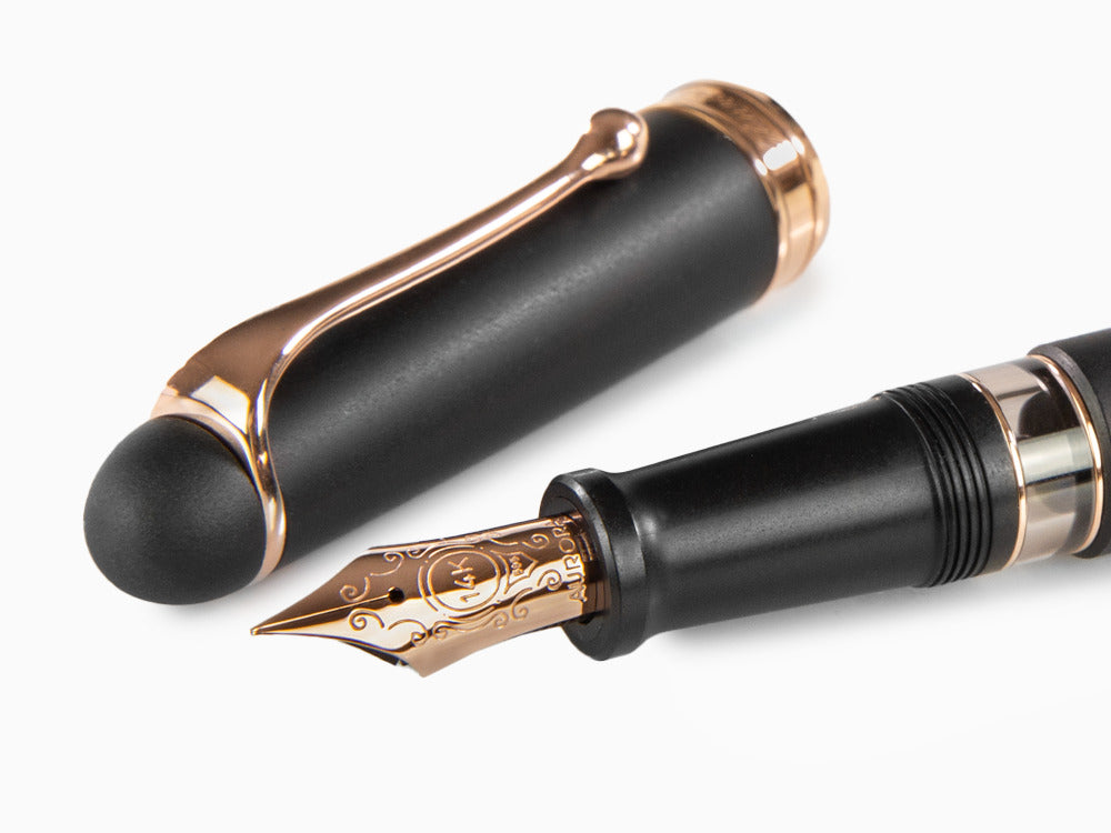 Pluma Estilográfica Aurora 88 Black Satin, Adornos Oro Rosa, 809-PN