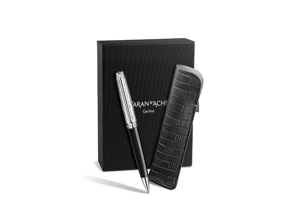 Set Bolígrafo Caran d'Ache Léman Damier & Estuche Piel Negro, Plata, 4789.566