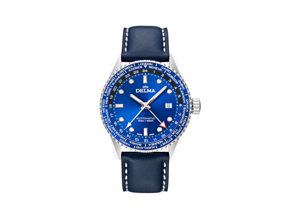 Reloj Automático Delma Diver Cayman Worldtimer, Azul, 42 mm, 41601.710.6.041