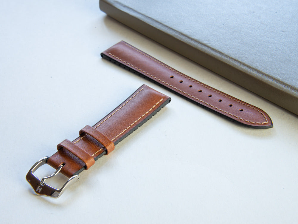 Correa Hirsch Piel de becerro Heavy Calf , Marrón, Blanco, 22 mm, 01475010-2-22