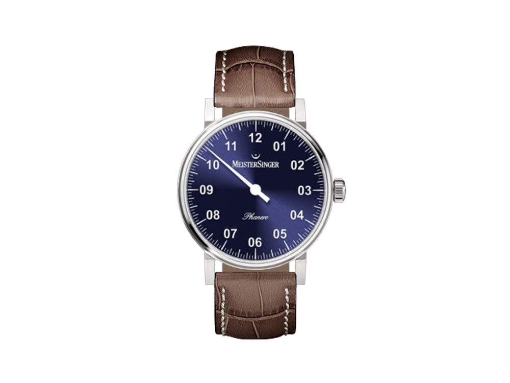 Reloj Meistersinger Phanero, Carga manual, SW 210, Azul sunburst, Piel, 35mm