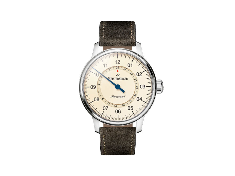 Reloj Automático Meistersinger Perigraph, 43mm, Marfil, Correa, AM1003-SV02