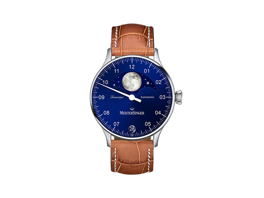 Reloj Automático Meistersinger Lunascope, Azul, 40 mm, Cognac, Día, LS908-SG03W